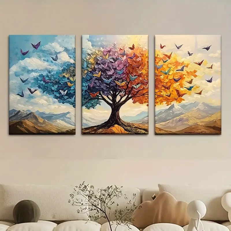 3 Piece Tree & Butterfly Wall Art ā Wooden Sticky Tile Frames with Self-Adhesive Tape for Easy Home Decoration
